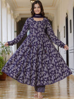 Thumbnail for Anouk Purple Floral Printed Empire Pure Cotton Anarkali Kurta With Pyjama & Dupatta