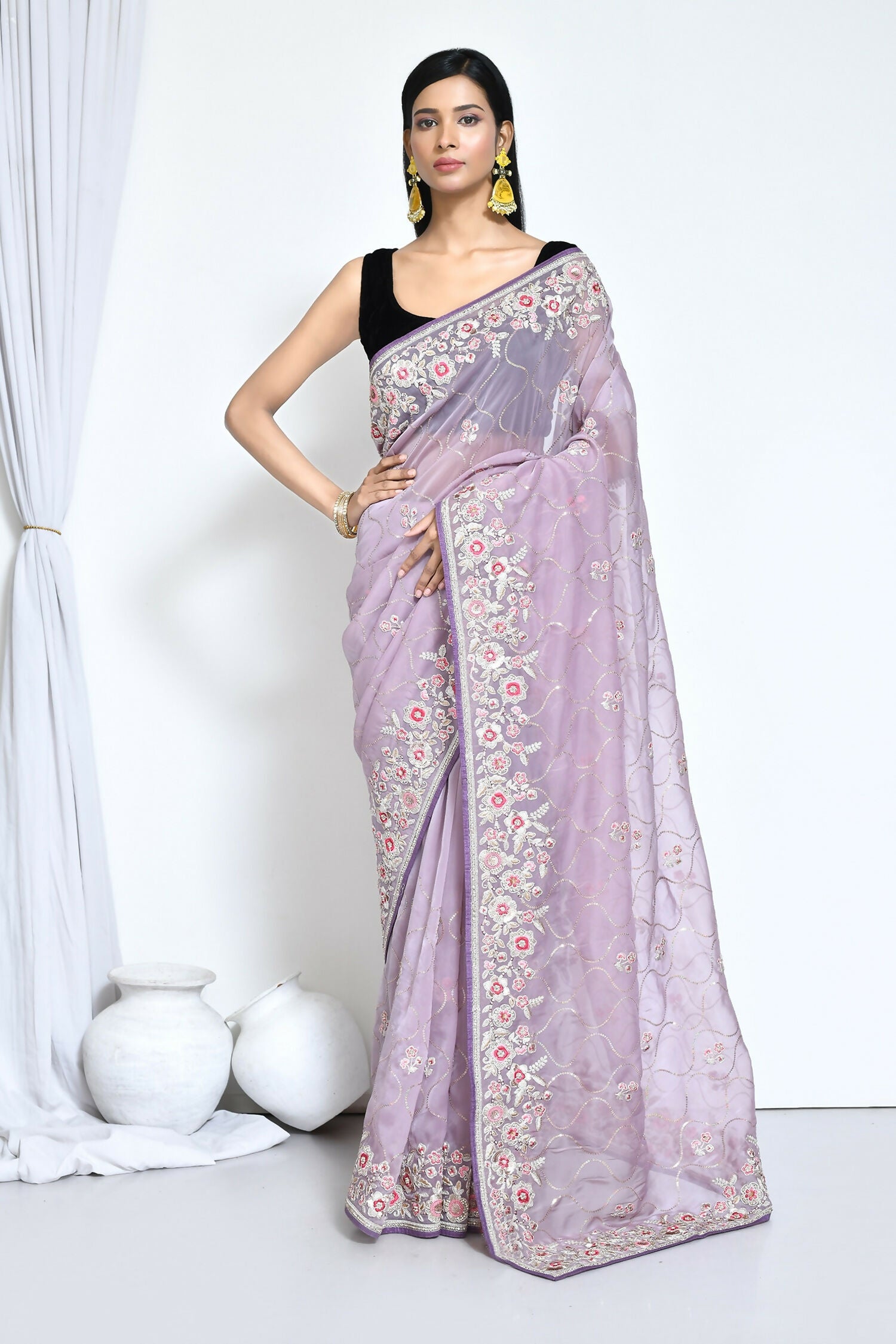 Purple Organza Satin Silk Sequence Embroidered with Stone work Saree - Nimaya Benzy - Distacart