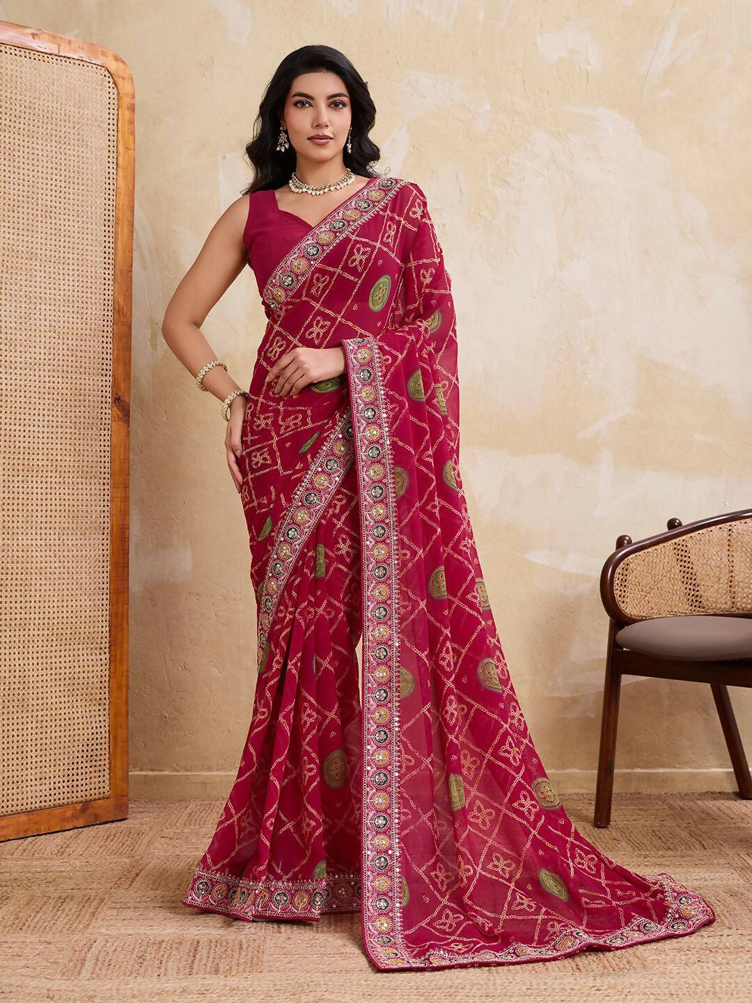 Teeya Creation Womens Stylish Simply Wedding Wear Georgette Saree-Red - Dista