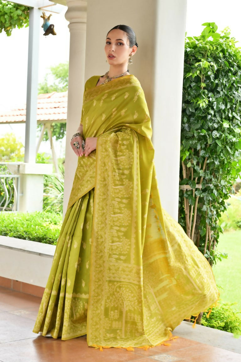 Vishnu Weaves Women's Mahendi Handloom Raw Silk Thread Weaving Saree with Blouse