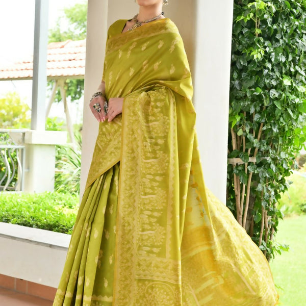 Vishnu Weaves Women's Mahendi Handloom Raw Silk Thread Weaving Saree with Blouse