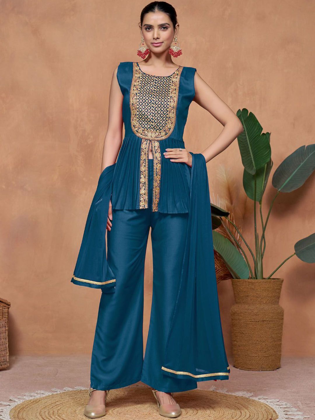 Sangria Floral Embroidered A-Line Kurta & Palazzo With Dupatta