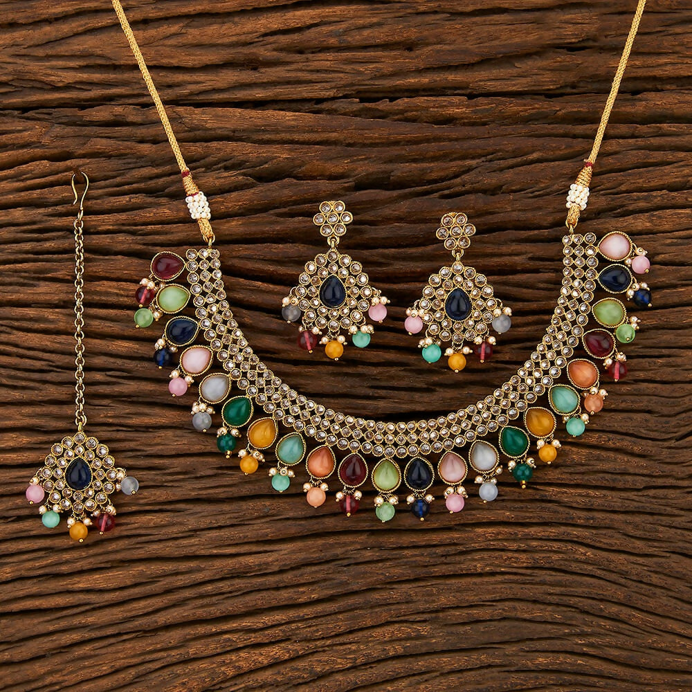 Joban Fashion Women Golden White Multi Polki Necklace Set With Earrings