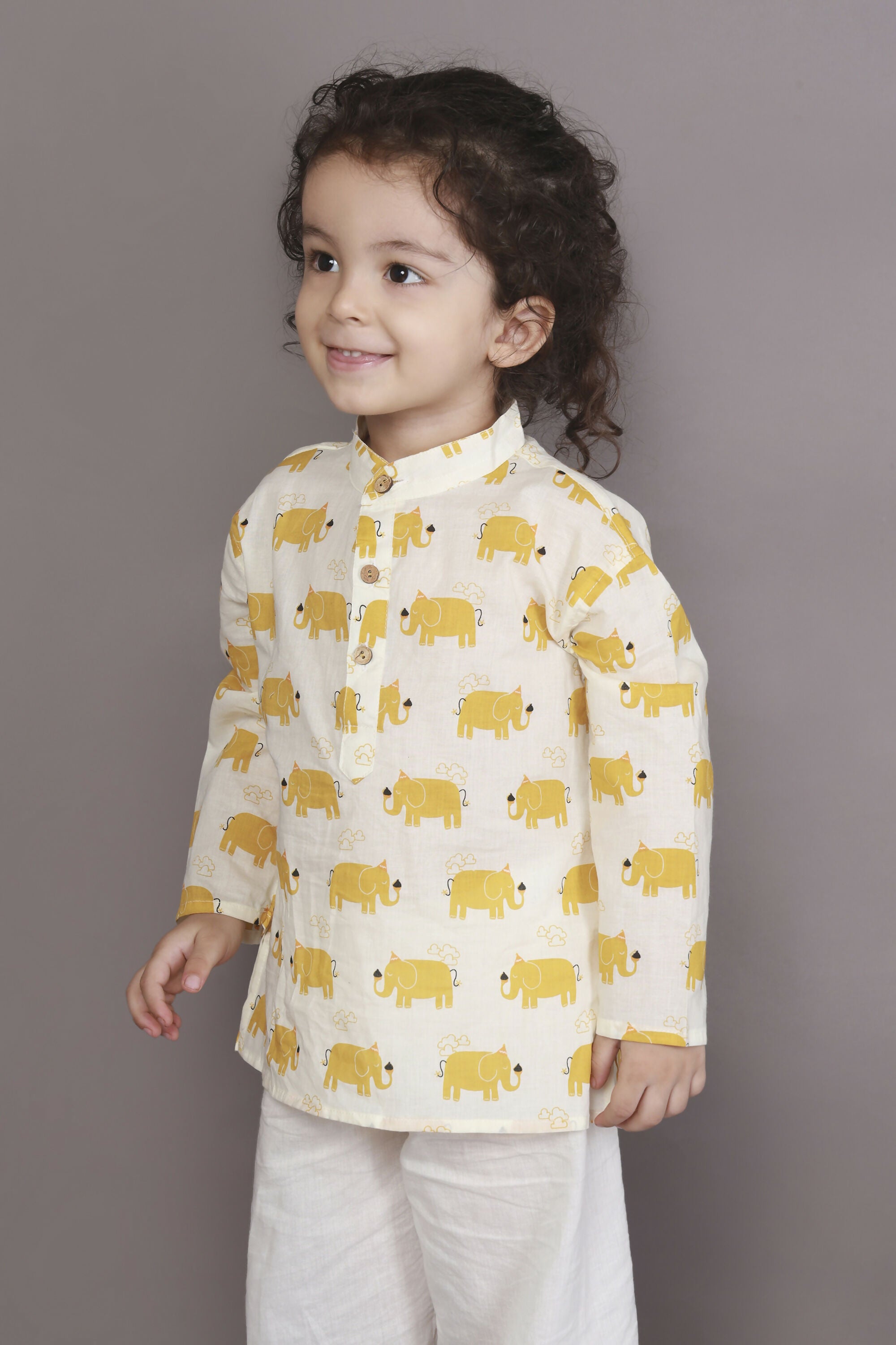 Breathables Kids Cotton Night Suit – Yellow Elephant Print Kurta & Pyjama Co-Ord Set For Boys & Girls - Dista