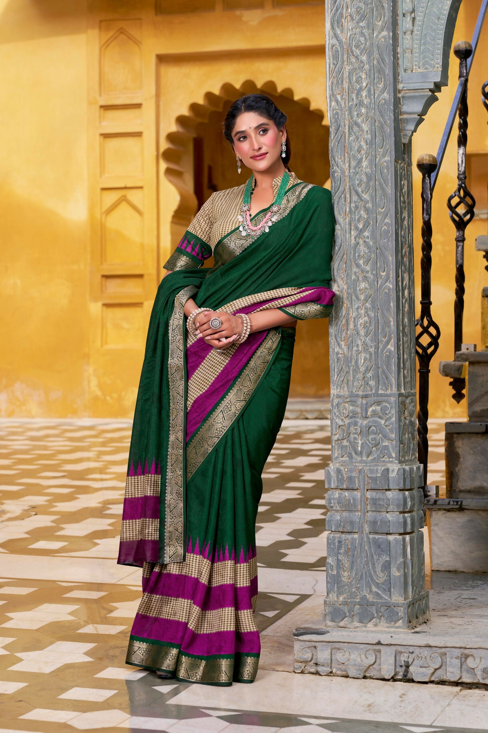 Vastranavya Green Printed with Zari Weaving Work Poly Cotton Saree & Unstitched Blouse - Distacart