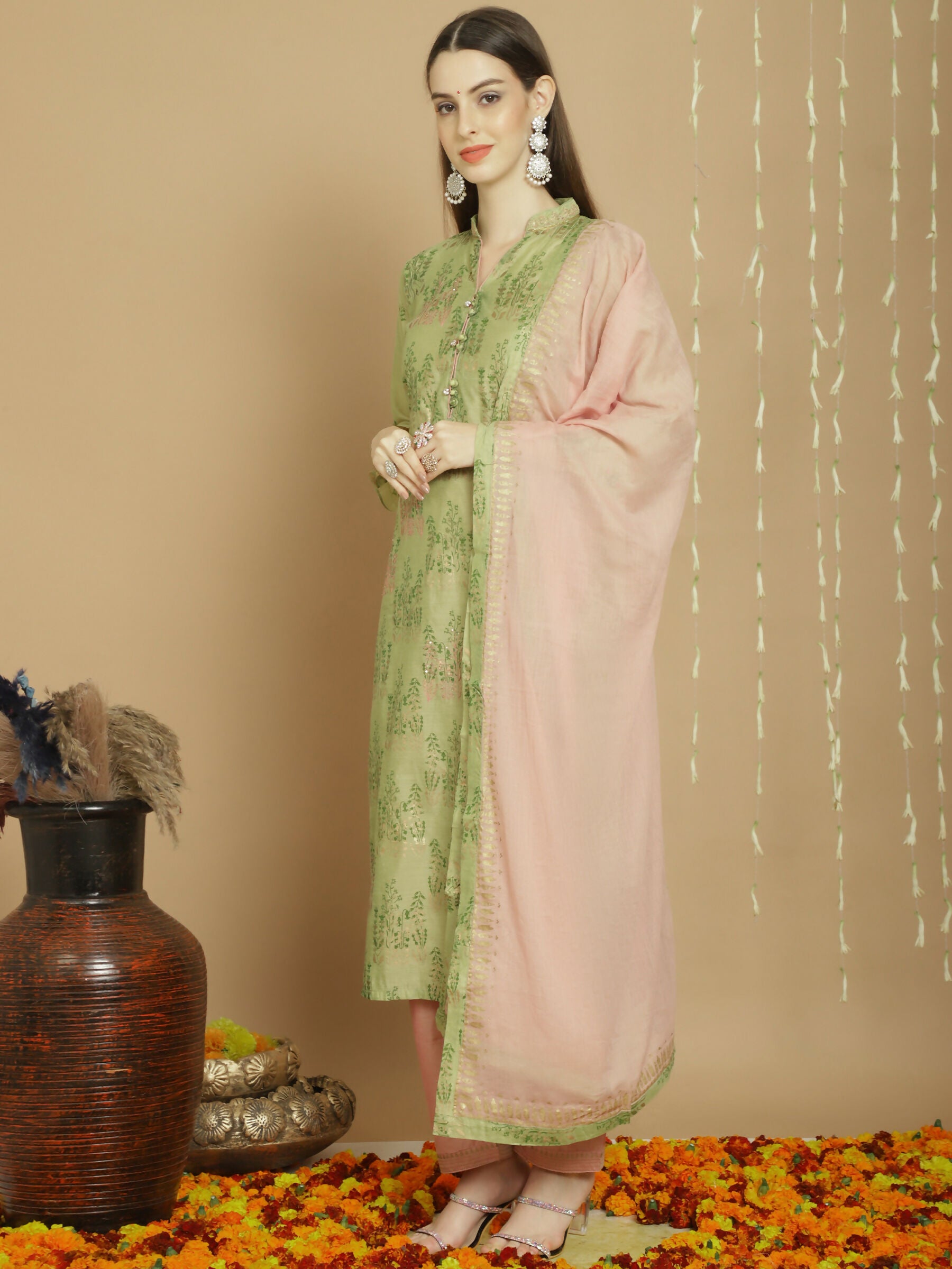 Jyoti Fashion Women's Green Chanderi Silk Elegant Jardoshi Semi Kurta with Trouser & Dupatta - Distacart