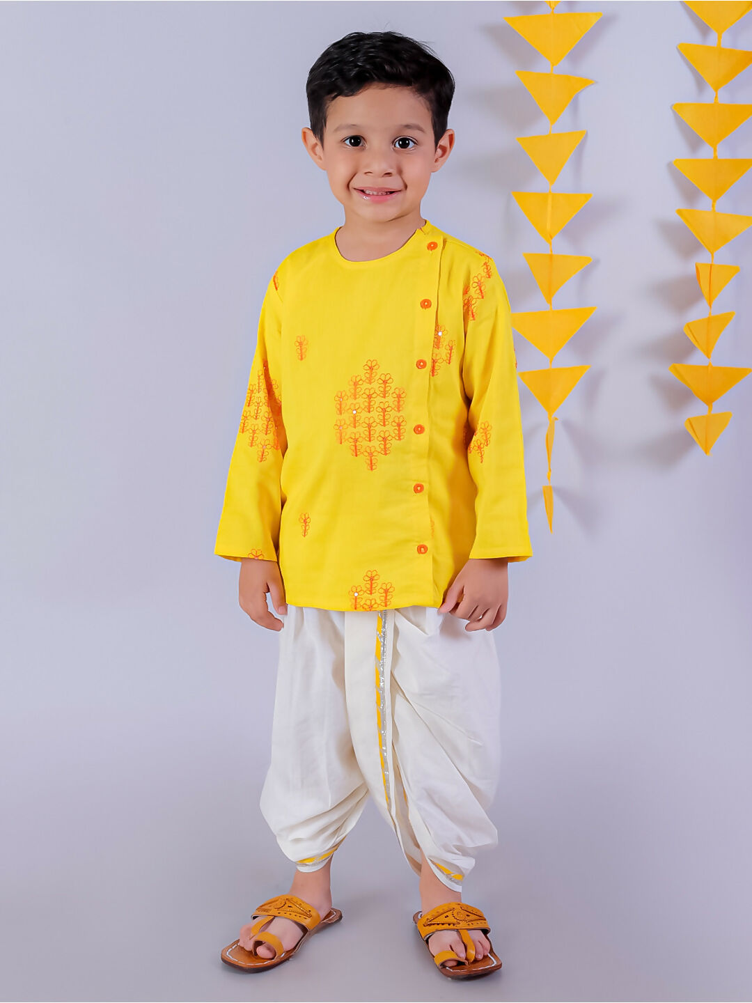 Lil Drama Janmashtami Yellow Boys Cotton Kurta and White Dhoti Ethnic Set - Distacart