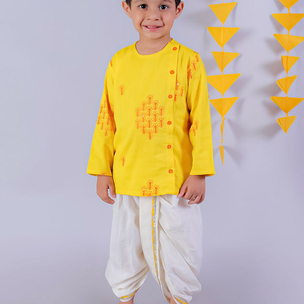 Lil Drama Janmashtami Yellow Boys Cotton Kurta and White Dhoti Ethnic Set - Distacart