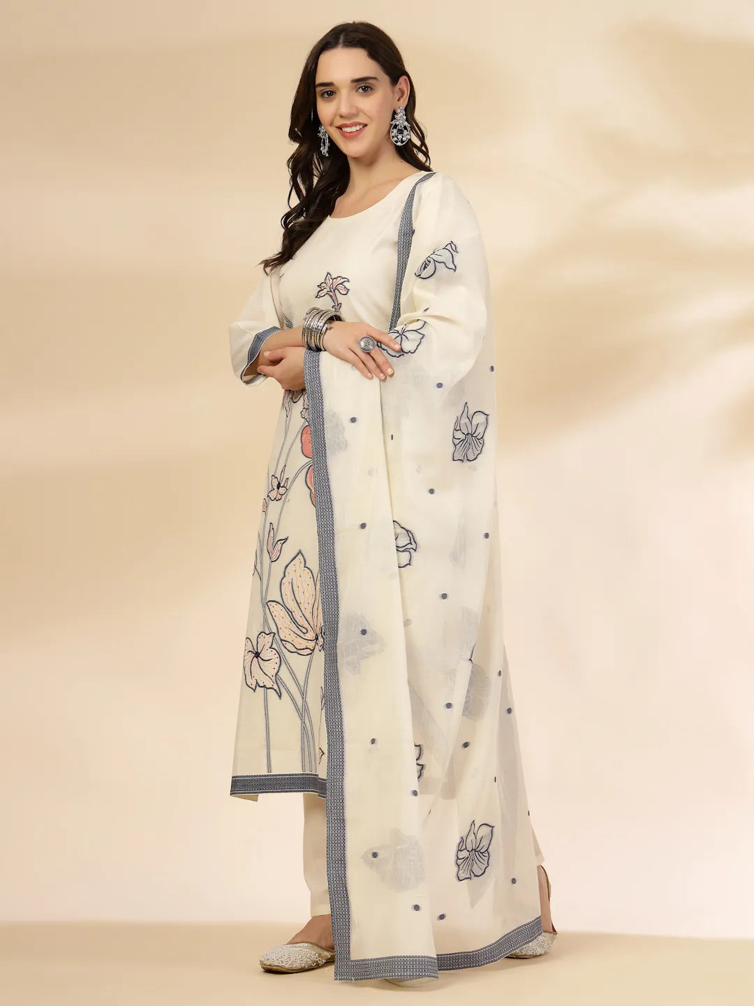 Yufta Off White Handloom Cotton Jacquard Kurta Set With Pant & Dupatta - Distacart