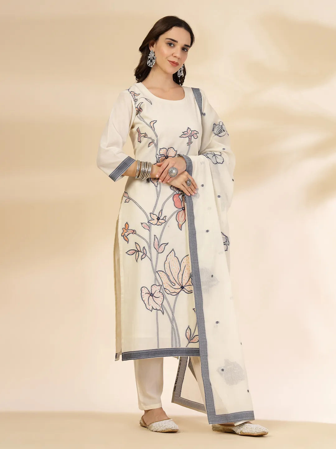 Yufta Off White Handloom Cotton Jacquard Kurta Set With Pant & Dupatta - Distacart