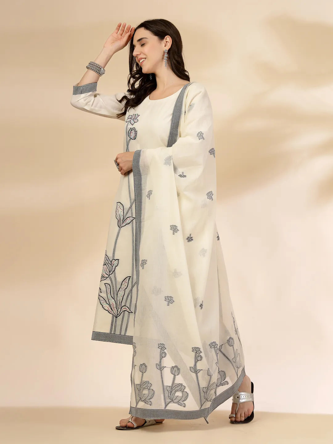 Yufta Off White Handloom Cotton Jacquard Sequins Work Kurta Dupatta Pant Set - Distacart