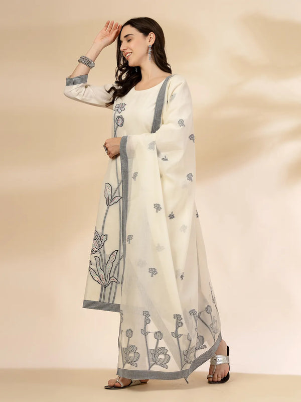 Yufta Off White Handloom Cotton Jacquard Sequins Work Kurta Dupatta Pant Set