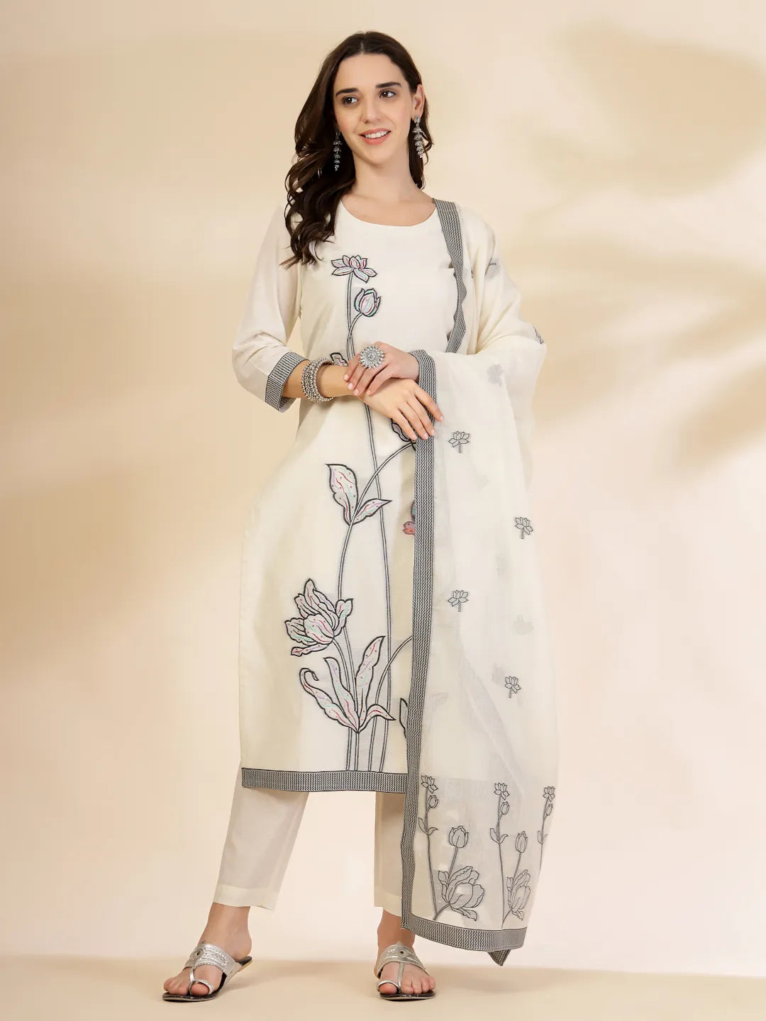 Yufta Off White Handloom Cotton Jacquard Sequins Work Kurta Dupatta Pant Set