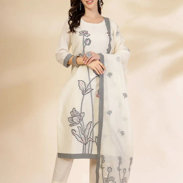 Yufta Off White Handloom Cotton Jacquard Sequins Work Kurta Dupatta Pant Set - Distacart