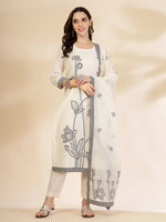 Thumbnail for Yufta Off White Handloom Cotton Jacquard Sequins Work Kurta Dupatta Pant Set