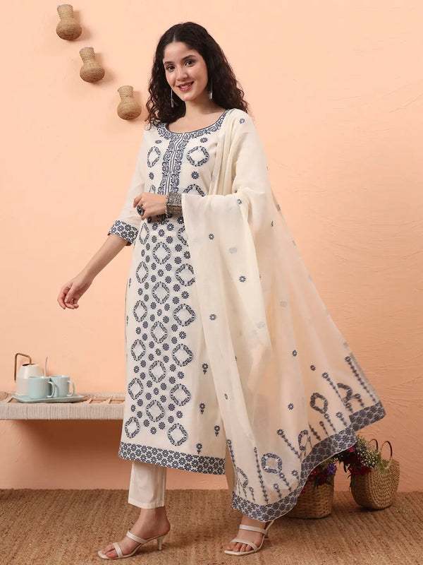 Yufta Off-White Handloom Cotton Kurta Dupatta Pant Set With Cotton Mal Lining