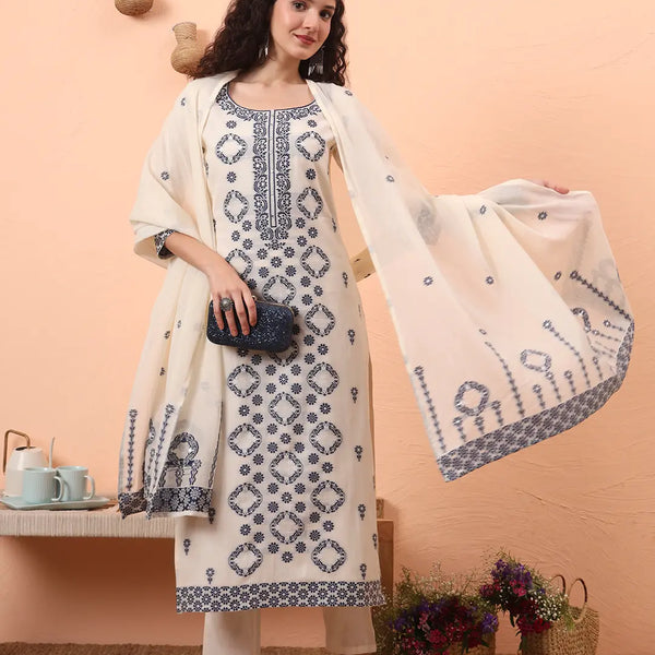 Yufta Off-White Handloom Cotton Kurta Dupatta Pant Set With Cotton Mal Lining - Distacart