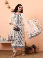 Thumbnail for Yufta Off-White Handloom Cotton Kurta Dupatta Pant Set With Cotton Mal Lining
