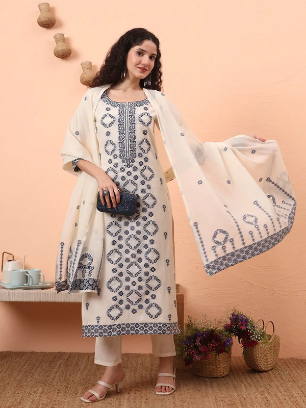 Yufta Off-White Handloom Cotton Kurta Dupatta Pant Set With Cotton Mal Lining