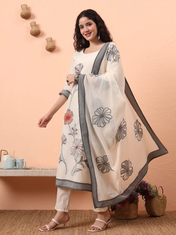Yufta Off-White Handloom Cotton Weaved Kurta Dupatta Pant Set With Cotton Mal Lining