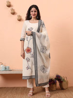 Thumbnail for Yufta Off-White Handloom Cotton Weaved Kurta Dupatta Pant Set With Cotton Mal Lining