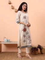 Thumbnail for Yufta Off-White Handloom Cotton Weaved Kurta Dupatta Pant Set With Cotton Mal Lining