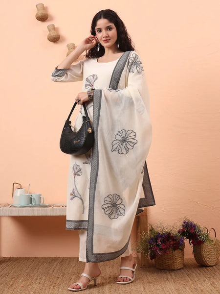 Yufta Off-White Handloom Cotton Weaved Kurta Dupatta Pant Set With Cotton Mal Lining