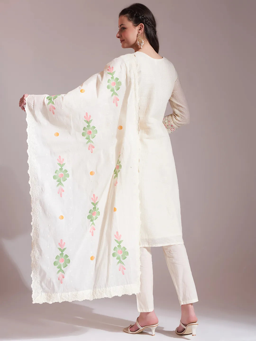 Yufta Off-White Pure Handloom Cotton Weaved Kurta Dupatta Pant Set