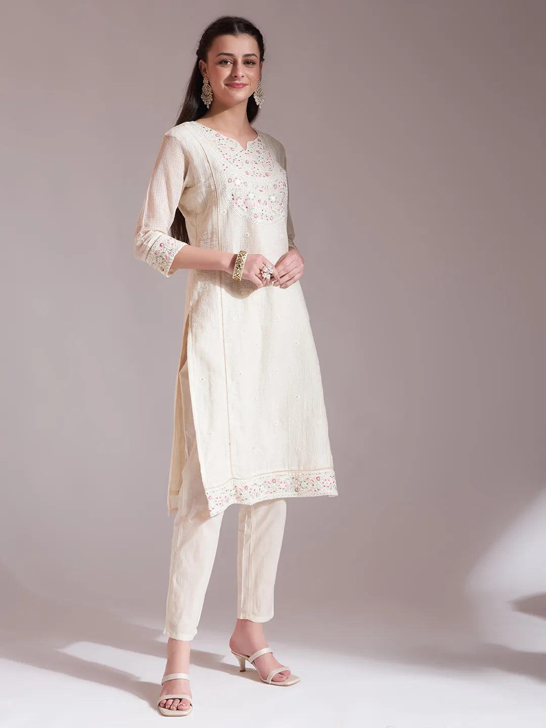 Yufta Off-White Pure Handloom Cotton Weaved Kurta Dupatta Pant Set
