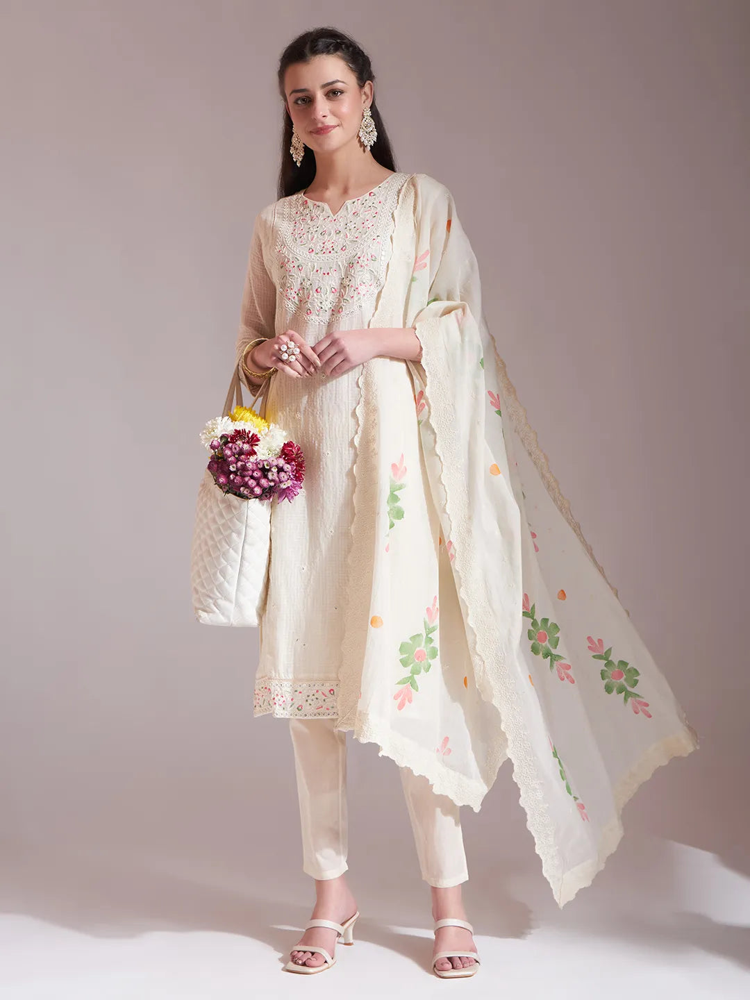 Yufta Off-White Pure Handloom Cotton Weaved Kurta Dupatta Pant Set