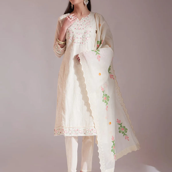 Yufta Off-White Pure Handloom Cotton Weaved Kurta Dupatta Pant Set - Distacart