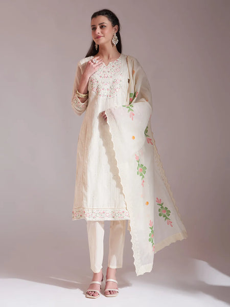 Yufta Off-White Pure Handloom Cotton Weaved Kurta Dupatta Pant Set