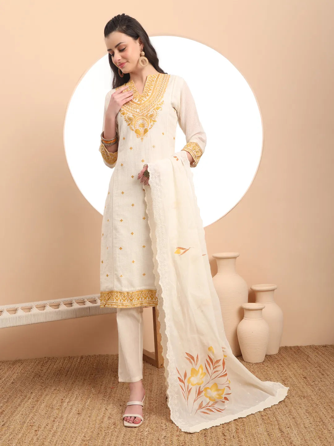 Yufta Off-White Pure Handloom Cotton Weaved Thread Work Kurta Dupatta Pant Set - Distacart