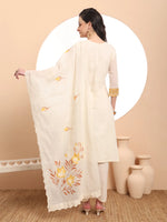 Thumbnail for Yufta Off-White Pure Handloom Cotton Weaved Thread Work Kurta Dupatta Pant Set