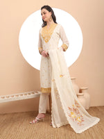 Thumbnail for Yufta Off-White Pure Handloom Cotton Weaved Thread Work Kurta Dupatta Pant Set