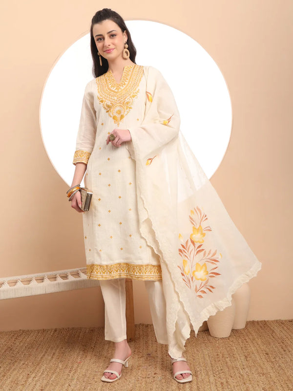 Yufta Off-White Pure Handloom Cotton Weaved Thread Work Kurta Dupatta Pant Set