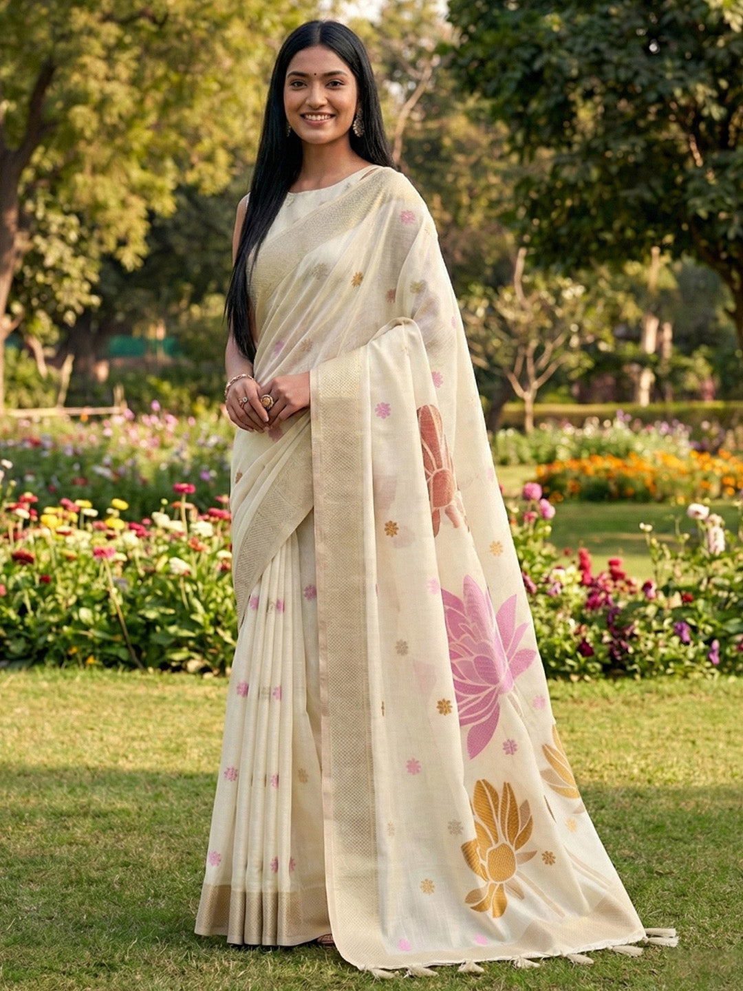 Anaita Off White Linen Saree With Blouse Piece - Distacart