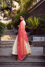 Thumbnail for Evanik Off White South Style Jecquard Chex Zari Weaving Work Unstitched Lehenga Choli