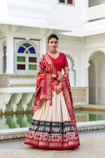 Thumbnail for Evanik Off White Traditional Style Tussar Silk Patola Print With Foil Work Unstitched Lehenga Choli