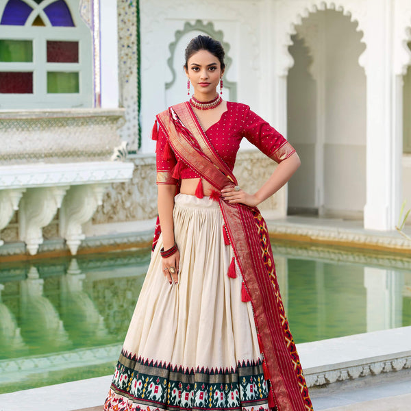 Evanik Off White Traditional Style Tussar Silk Patola Print With Foil Work Unstitched Lehenga Choli