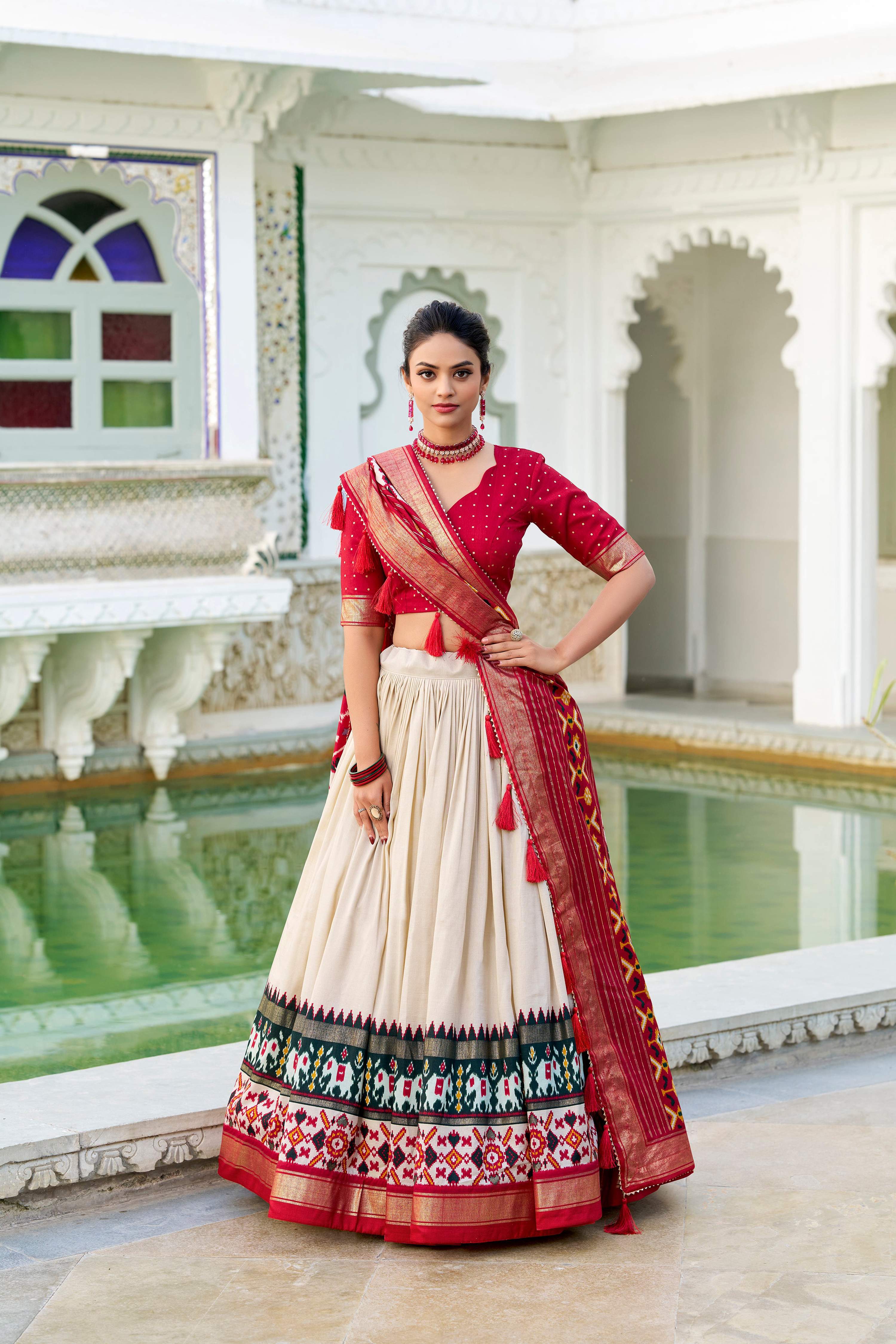 Evanik Off White Traditional Style Tussar Silk Patola Print With Foil Work Unstitched Lehenga Choli - Distacart