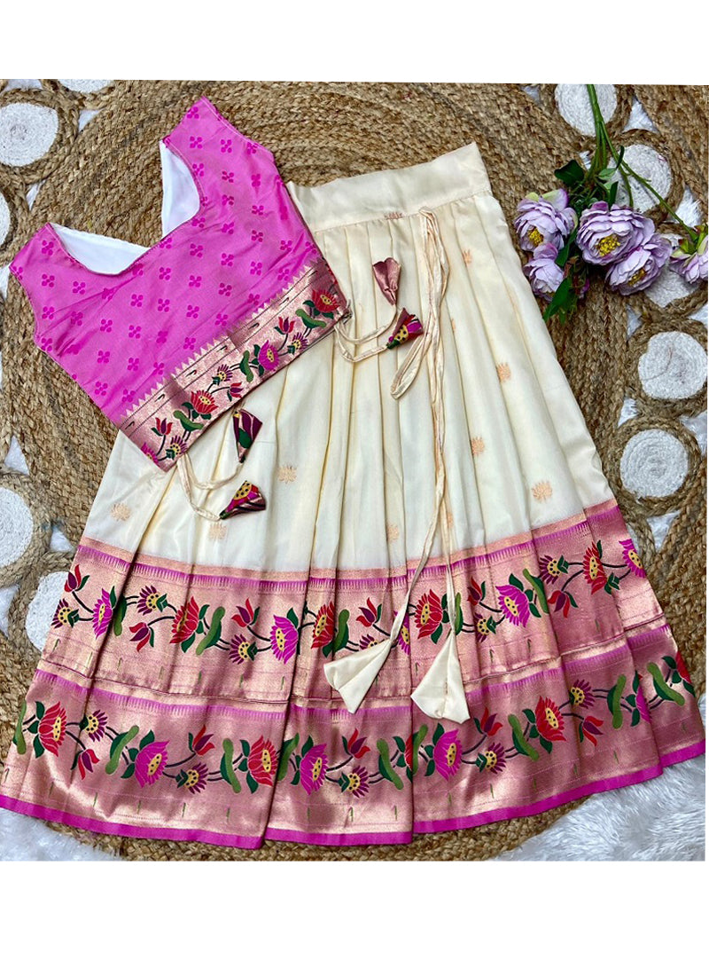 Evanik White Kids Paithani Silk Lotus Pattern Lehenga Choli - Dista