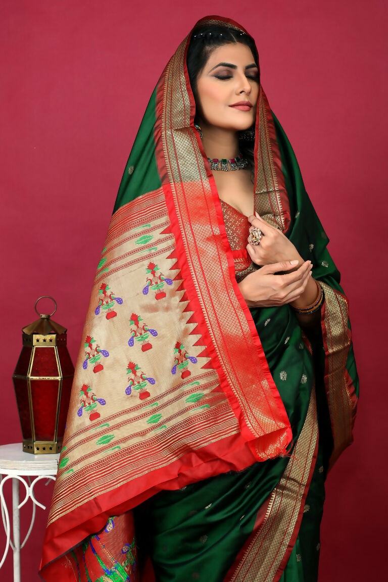 Jyoti Fashion Women's Bottle Green Paithani Silk Zari Woven Saree with Blouse - Distacart