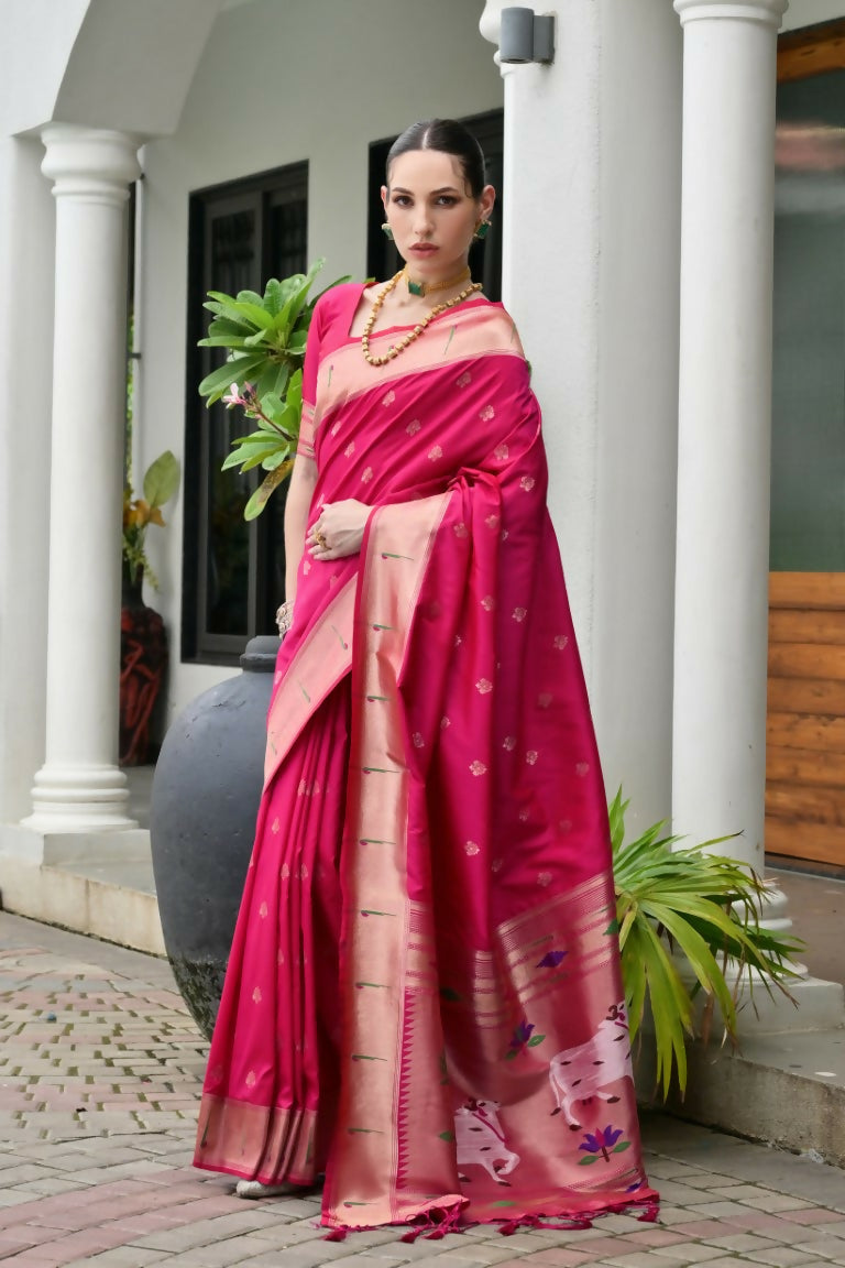 Vishnu Weaves Women's Pink Paithani Silk Zari Woven Saree with Blouse
