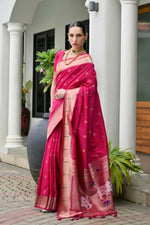 Thumbnail for Vishnu Weaves Women's Pink Paithani Silk Zari Woven Saree with Blouse