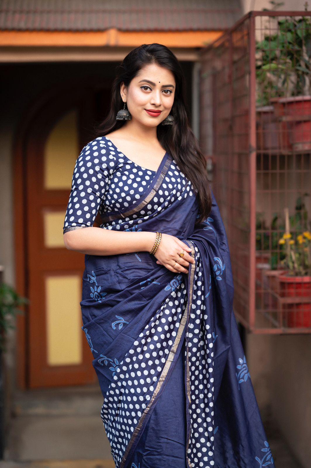 Blue Pure Chanderi Hand Block Saree with Unstitched Blouse - Hiral Fashion - Distacart