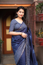 Thumbnail for Blue Pure Chanderi Hand Block Saree with Unstitched Blouse - Hiral Fashion - Distacart