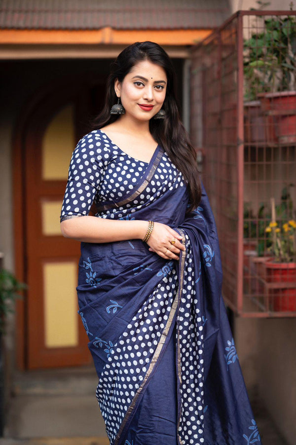 Blue Pure Chanderi Hand Block Saree with Unstitched Blouse - Hiral Fashion - Distacart