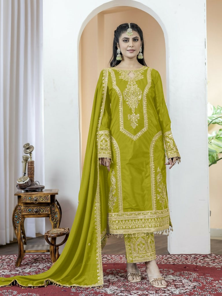 Teeya Creation Pista Green Color Chinnon Silk Embroidery Work Fully Stitched Salwar Suit