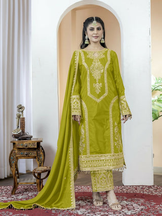 Teeya Creation Pista Green Color Chinnon Silk Embroidery Work Fully Stitched Salwar Suit
